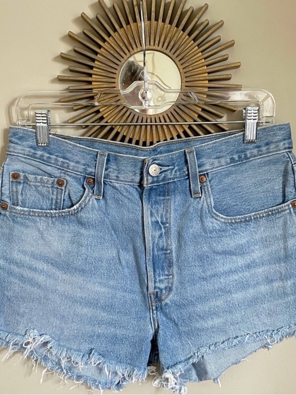 Levi's 501 Light Blue Denim Frayed Hem Women's Shorts